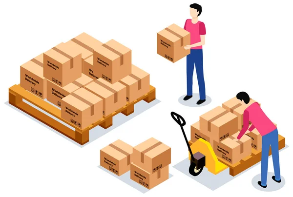 Worldwide sales concept. Worker loading boxes on carrier. Man holding box, put it on stack — Stock Vector