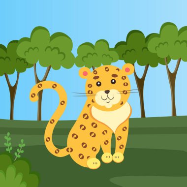 Kabarık saçlı, siyah benekli bir kedi çayırda oturuyor. Leopar ormanda dinleniyor.