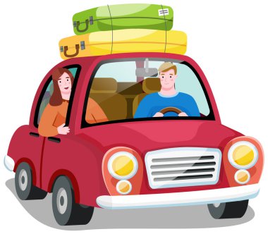 Yeni maceralar aramak için arabayla seyahat etmek, mutlu bir aile ve yolda bavullar.