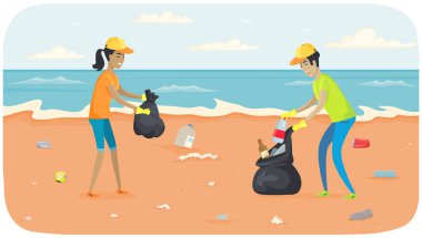 Gençler, okyanus kıyısındaki kirlenmiş kum bölgelerinde çöp ve atık topluyorlar.