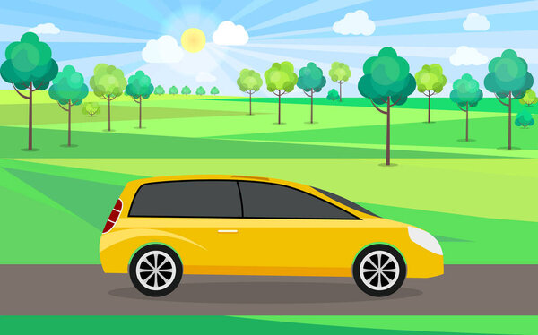 Современная парковка вдоль городской улицы в стиле мультфильма. Автомобиль на городской улице