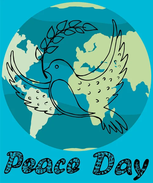 Peace Day poster with black outlines of dove flying with branch in its beak over earth planet — Stock Vector