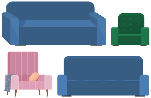 Sofá y sillón ilustración de dibujos animados de colores. Elementos interiores para la relajación en el salón — Vector de stock