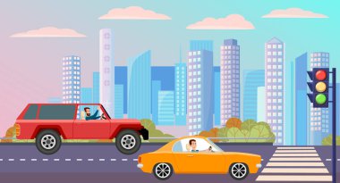 Şehir caddesi boyunca çizgi film tarzında modern araba parkı. Şehir caddesinde araç var.