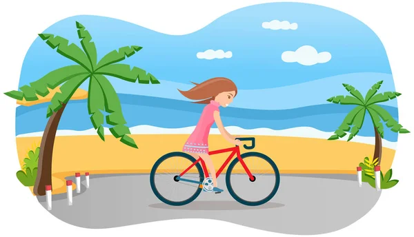 Girl riding in park. Woman rides bicycle on coast road. Female character doing sports outdoors — Stock Vector