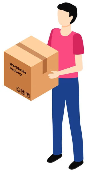 Personagem masculino traz pacote, caixa com ordem para o comprador. Vendas mundiais e entrega aos clientes —  Vetores de Stock