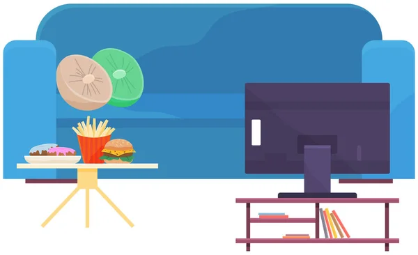 Mavi kanepe ve fast food ürünleriyle dolu küçük masa, televizyon. Modern TV, dinlenmek için kanepe — Stok Vektör