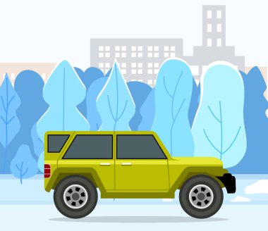 Şehir caddesi boyunca çizgi film tarzında modern araba parkı. Şehir caddesinde araç var.