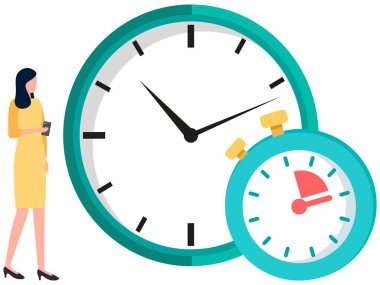 Zaman yönetimi ve teslim tarihi kavramı. İş kadını kronometre, çalışan ve büyük saatin yanında duruyor.