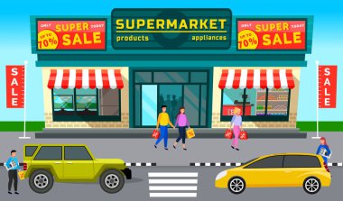 Süpermarketin arka planında alışveriş merkezli otomobiller. Crossover, cross country car, station wagon