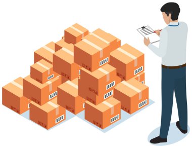 Depoda paketlerle çalışırken adam notlar alıyor. Çin 'den kargo için karton kutular