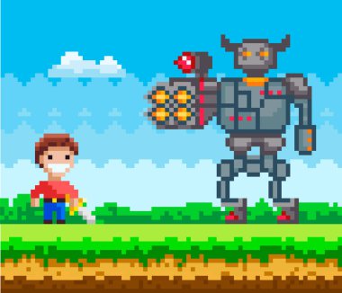 Demir zırhlı mekanik robot erkek karaktere saldırıyor. Patrona bakan adam.