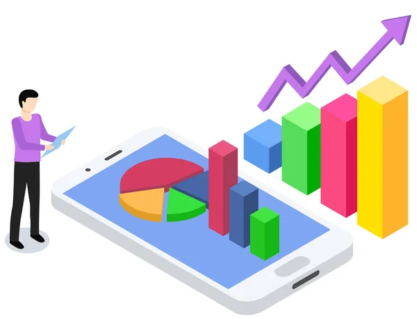 A fickó okostelefont használ az adatokhoz. Férfi karakter, miközben statisztikai grafikonon dolgozik — Stock Vector