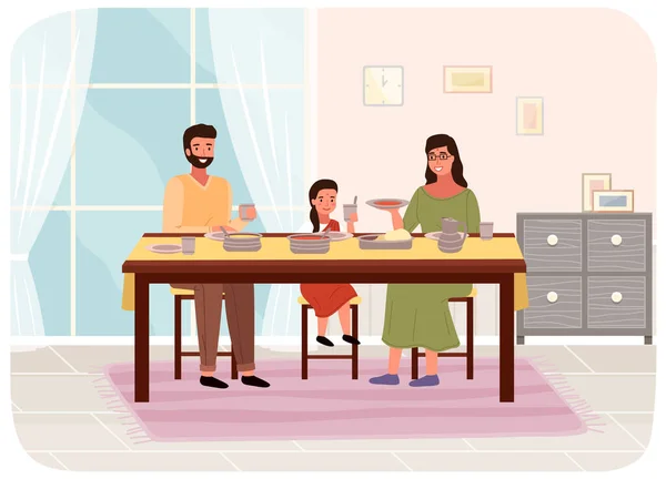 People are eating indian food at home. Family members mother, father and daughter sitting at table — Stock Vector