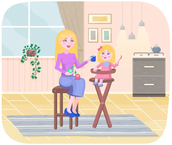 Mère donne bébé à boire jus de pomme de tasse, prendre soin de l'enfant assis dans la salle de cuisine à la maison — Image vectorielle