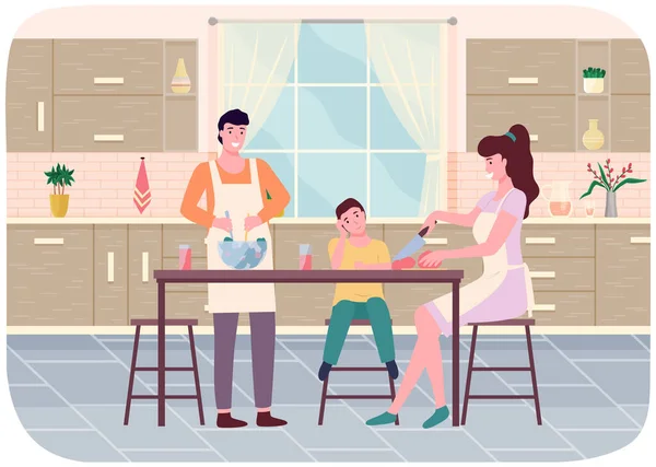 Happy family parents and son cook in kitchen together flat illustration. Prepearing festive dinner — Stock Vector