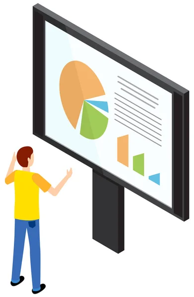 Statistiky mužských studií zobrazené na sloupcovém grafu. Analyzovat koncepci diagramů. Chlap pracující s daty — Stockový vektor