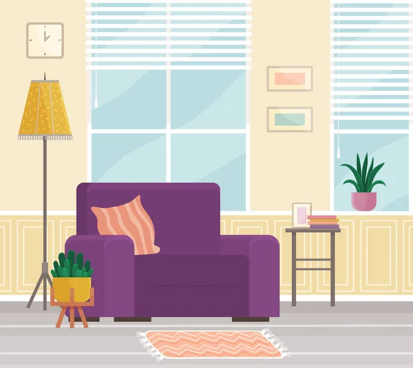 Plochý interiér. Plánování a uspořádání nábytku v bytě. Obývací pokoj. Domácí životní styl. Dům stylů — Stockový vektor