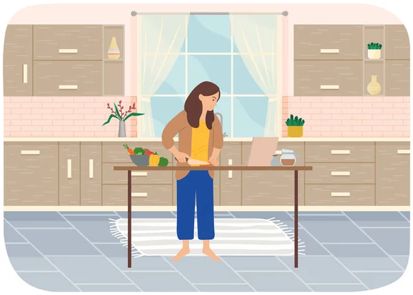 Mujer joven cocinando ensalada en la cocina. Actividad doméstica, limpieza, tareas cotidianas y tareas domésticas — Vector de stock
