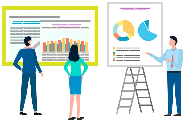 Presentación exitosa del proyecto empresarial, planificación de la estrategia de la empresa, análisis de indicadores estadísticos — Archivo Imágenes Vectoriales