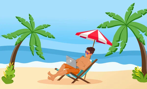 Фрилансер с ноутбуком отдыхает в кресле на пляже летом. Дистанционный рабочий печатает клавиатуру — стоковый вектор