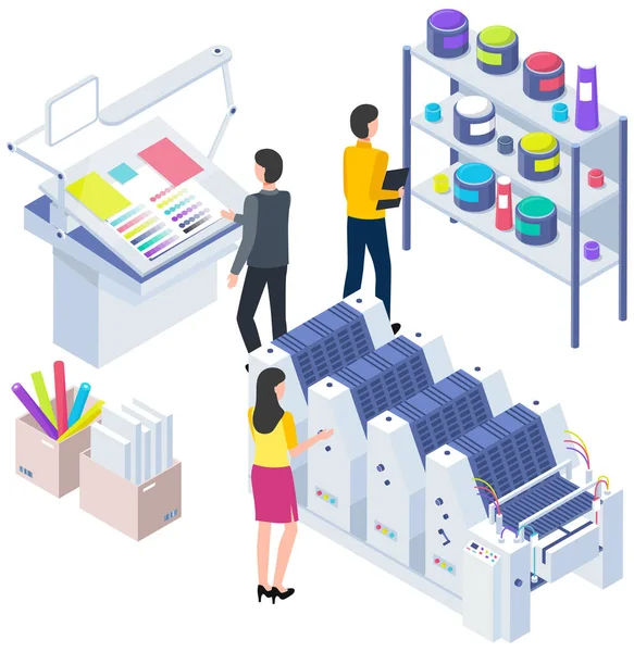 Pessoas que trabalham com equipamentos e estantes com tintas. Técnica de escritório ilustração vetorial —  Vetores de Stock