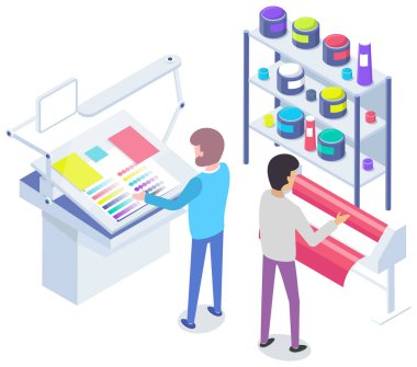 Ekipmanlarla ve boyalarla çalışan insanlar. Ofis tekniği vektör illüstrasyonu