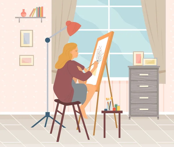 Girl sits and paints on canvas with brush. Woman near easel lamp and table with paints and brushes — Stock Vector