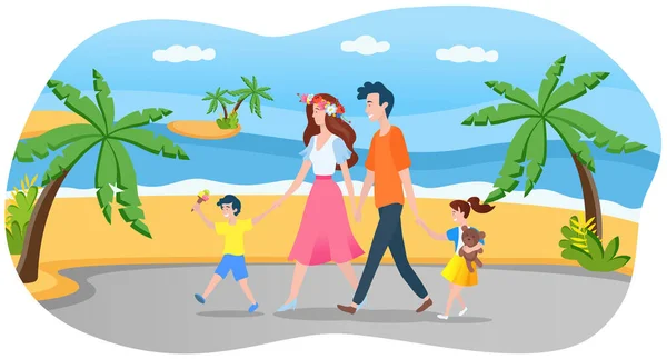 Famiglia felice sul concetto di vacanza estiva. Coppia di genitori e bambini che camminano sulla spiaggia sulla sabbia insieme — Vettoriale Stock