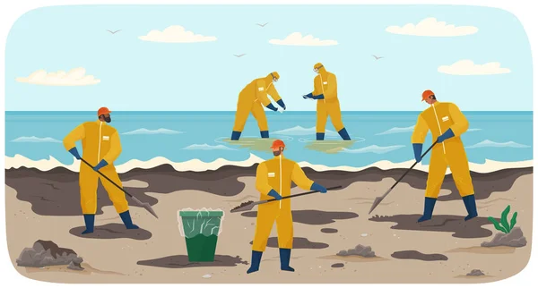 Άνθρωποι με προστατευτικές στολές συλλέγουν μολυσμένες περιοχές άμμου στην ακτή και τις πετάνε. — Διανυσματικό Αρχείο