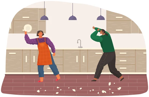 Conflito familiar e problemas no relacionamento de casal, pessoas com raiva bater pratos na cozinha em casa — Vetor de Stock