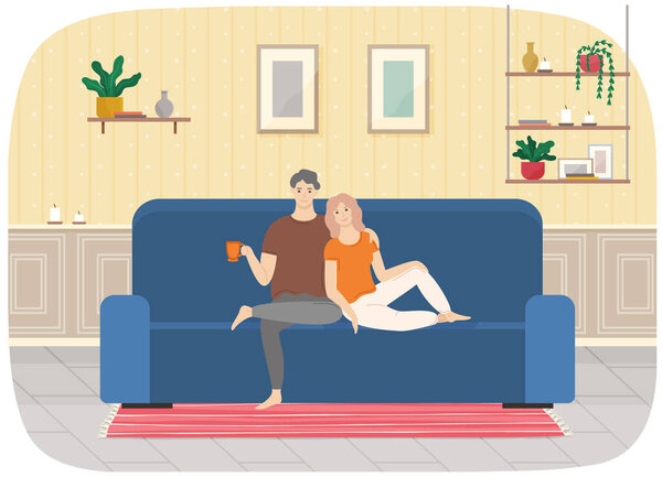 Couple husband and wife relaxing in apartment. Family resting in living room. People in relationship