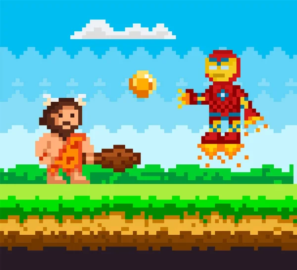 Hombre primitivo ataca robot de hierro volador en botas de jet. Paisaje natural pixelado con cavernícola — Vector de stock