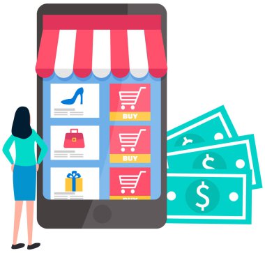 İnternetten alışveriş konsepti. Bir ticaret tezgahı olarak telefonunun yanında duran kadın ürünleri seçiyor.