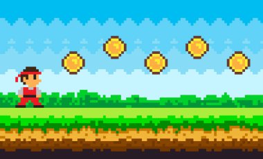 Piksel oyunu ninja erkek cesur karakter. Altın sikkelerin yanındaki savaşçı ile pikselleştirilmiş doğal manzara