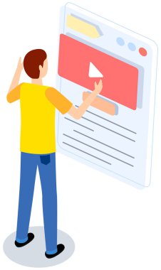 Ayakta duran adam sembollü postere bakıyor. Video uygulamasının yapısını oluşturan programcı