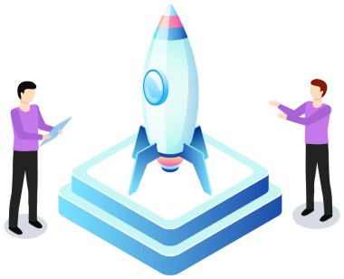 Erkekler yeni icatları inceler ve yaratıcı iş fikirleri geliştirirler. Metafor olarak Isometric roket fikri