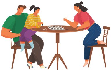 Satranç oynayan neşeli bir aile. Oyun oynayan aileler ve çocuklar mutfakta vakit geçiriyorlar.