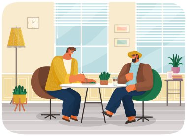 Kafede ya da restoranda oturan arkadaşlar ya da iş ortakları yemek ve içmek, akşam yemeği yemek.