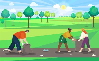 İnsanlar, ülkenin kirlenmiş bölgelerinde plastik ve kağıt atıklarıyla kirlenmiş çöpleri topluyorlar.