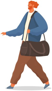 Öfkeli genç iş adamı gündelik giysiler içinde omuz çantasıyla tam yükseklikte yürüyor.