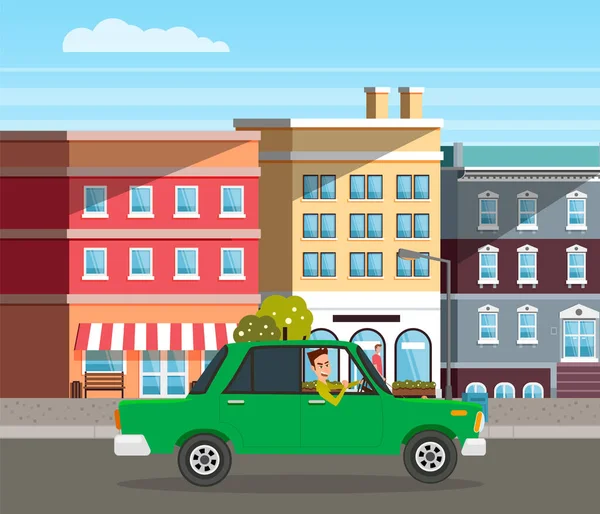 Aparcamiento moderno a lo largo de la calle de la ciudad en estilo de dibujos animados. Vehículos coche en la calle de la ciudad — Vector de stock