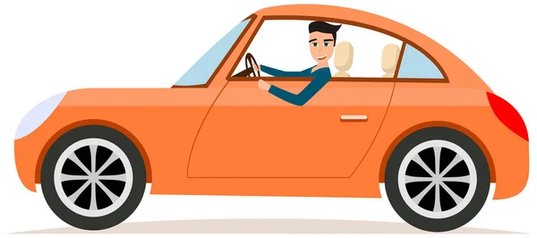 Un hombre guapo conduciendo un auto naranja. Guy está sentado en dos compartimentos de la puerta de ilustración vectorial — Vector de stock