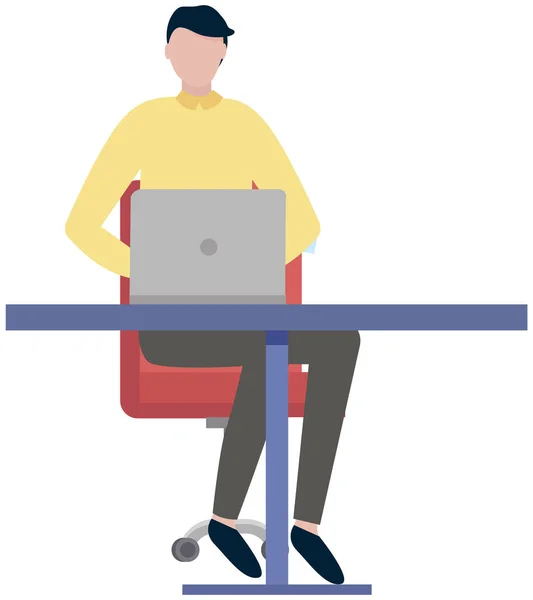 Funcionário de escritório personagem masculino à mesa com laptop. Empresário ou funcionário que trabalha no local de trabalho do escritório —  Vetores de Stock