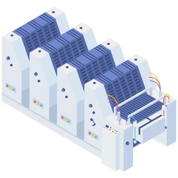 Isometrische fabriekskopieermachine. Fotokopieerapparaat geïsoleerd op witte achtergrond. Kantoor- en productieapparatuur — Stockvector