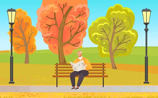 Старик в очках сидит и читает газету на скамейке в городском саду с зелеными деревьями — стоковый вектор