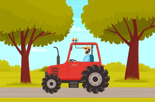 Agricoltura e agricoltura di sfondo, uomo alla guida del trattore. Trasporti agricoli per campi di aratura — Vettoriale Stock