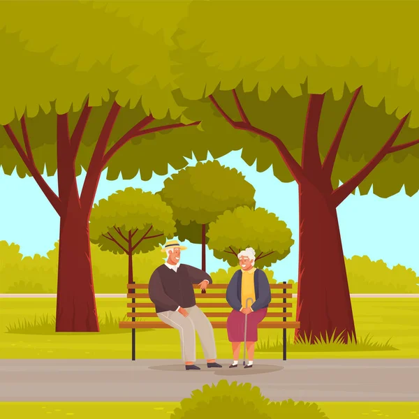 Velha mulher e homem estão descansando e sentados no banco no parque. Reunião de aposentados do lar de idosos —  Vetores de Stock