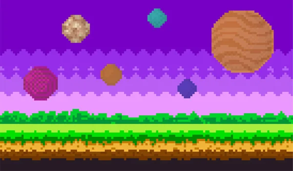 Artoon fantásticos planetas pixel en el cielo púrpura y hierba verde. Conjunto pixelado de objetos cósmicos redondos — Archivo Imágenes Vectoriales