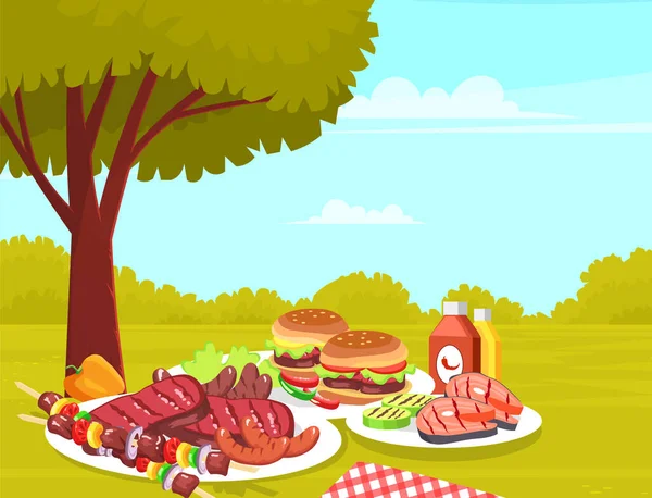 Sommerpicknick in der Natur. Produkte, die für Mahlzeiten im Freien vorbereitet werden. Burger, Steaks, gegrillter Lachs, Kebab — Stockvektor